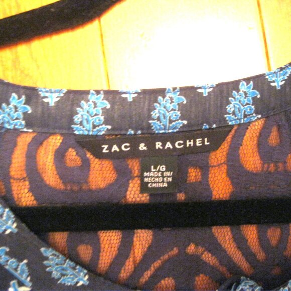 Zac & Rachel Size Large Navy Lace Trim Sheer Lightweight Chic 3/4 Sleeve Blouse - Picture 5 of 6